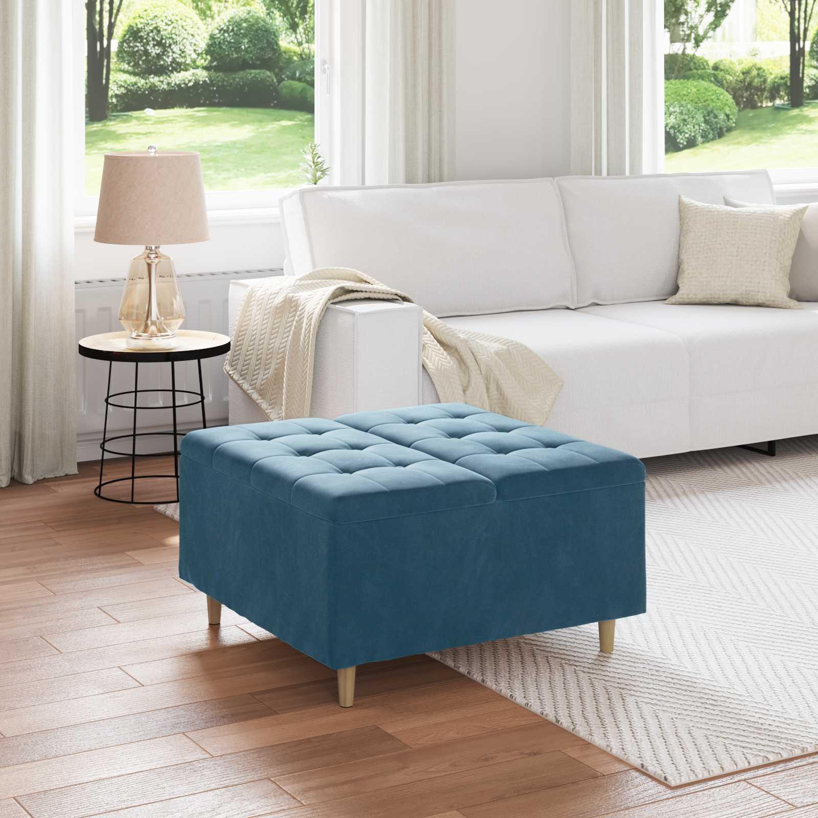 Knapstol med pude Blå 80 x 80 x 45 cm Fløjl billede