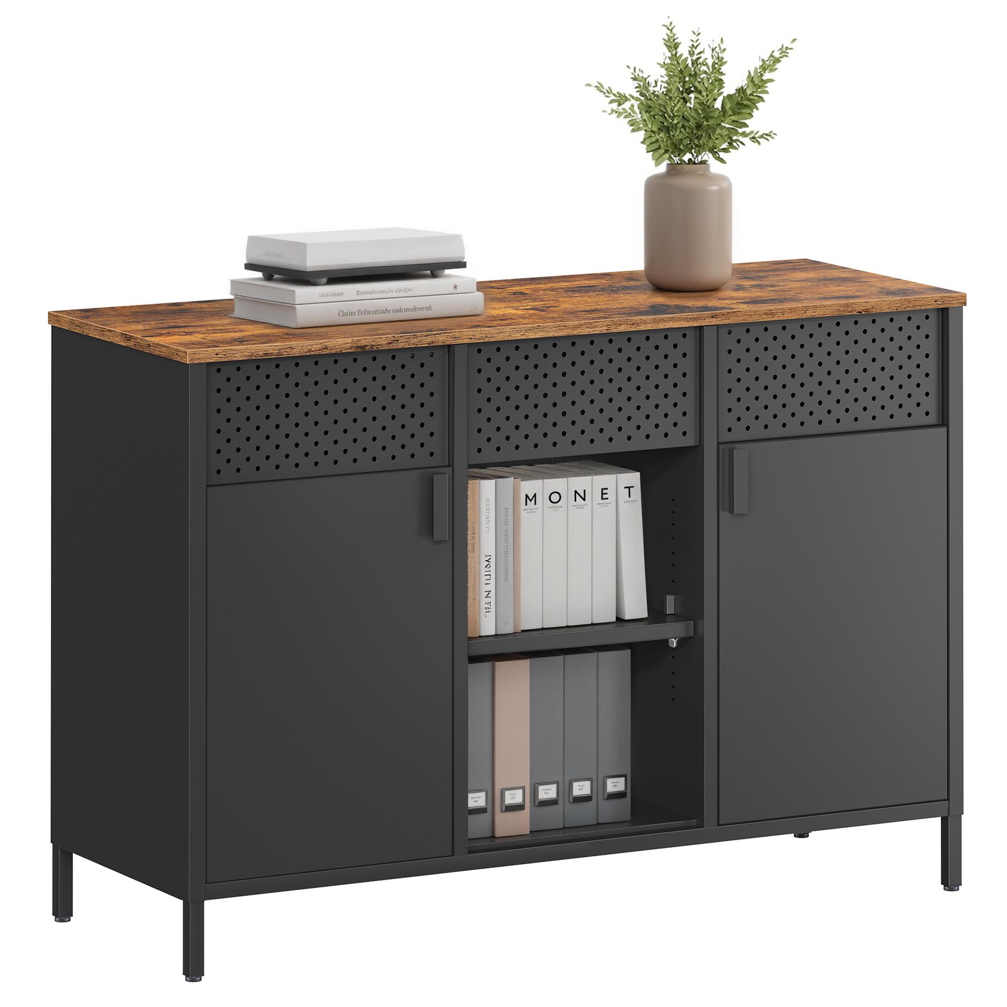 Metalskab/sideboard med 2 døre - justerbare hylder, rustik brun & mat sort