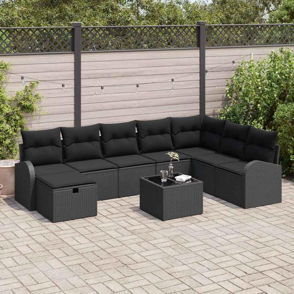 Havesofa Sæt med pude med opbevaring 9 stk Sort Poly rattan billede