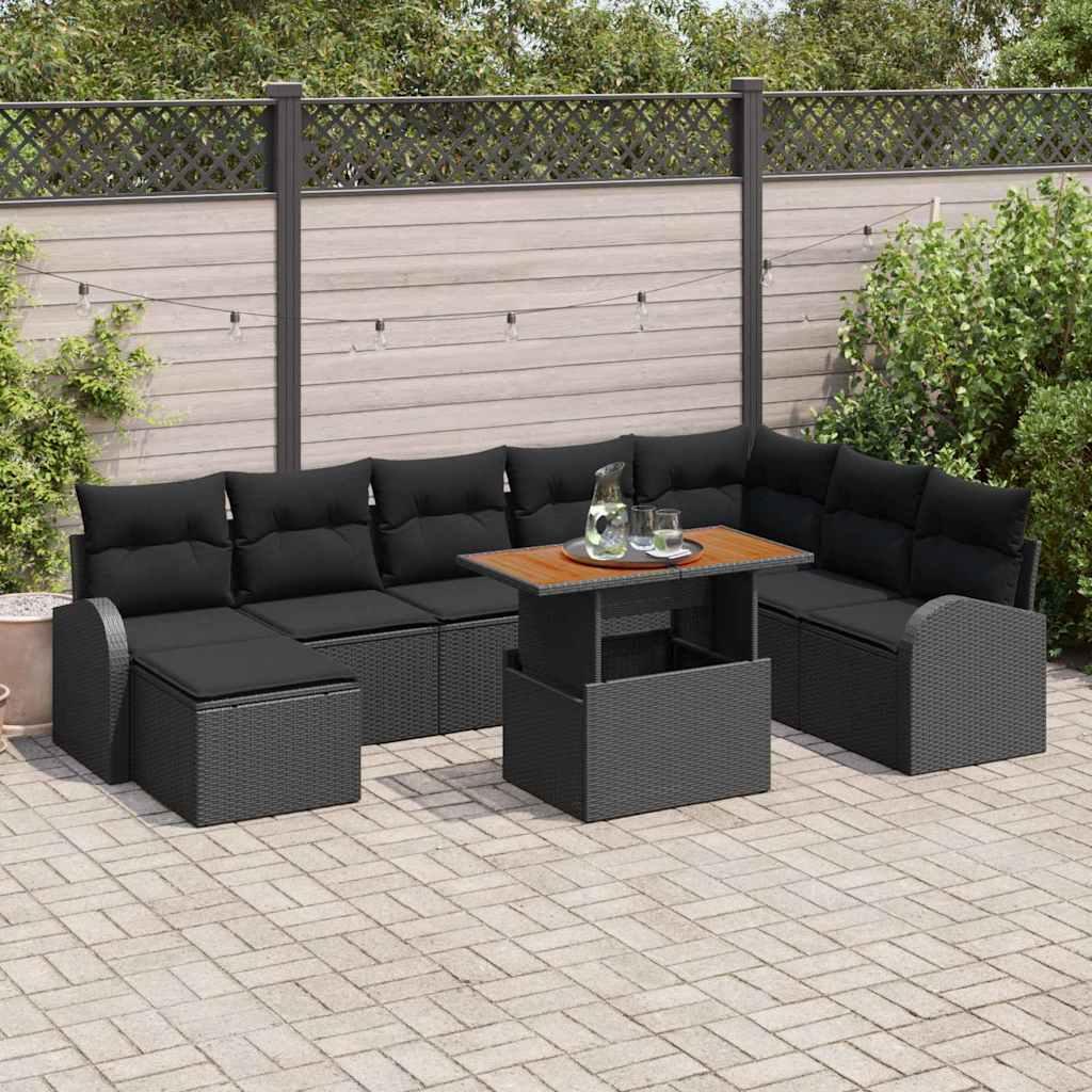 Havesofa sæt med opbevaring - 9 dele, sort poly rattan