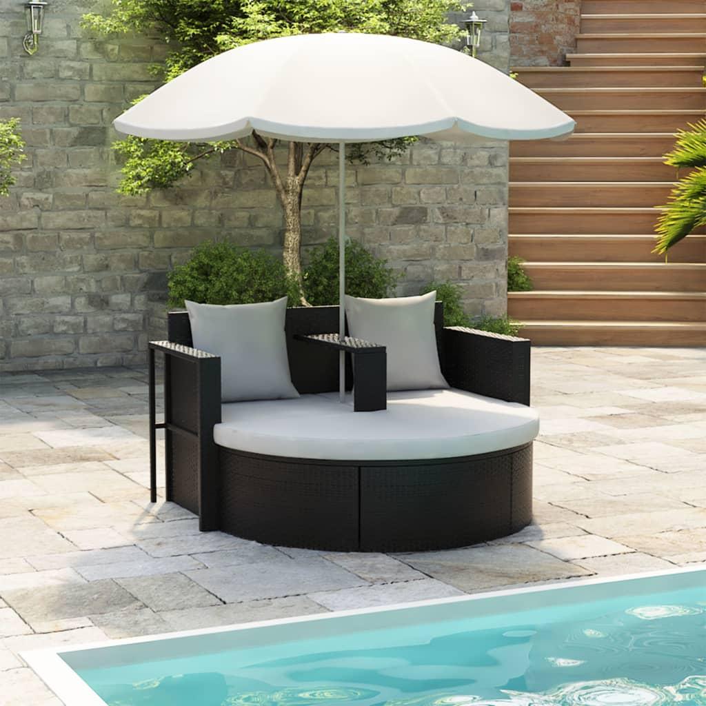 Haveseng med parasol polyrattan sort billede