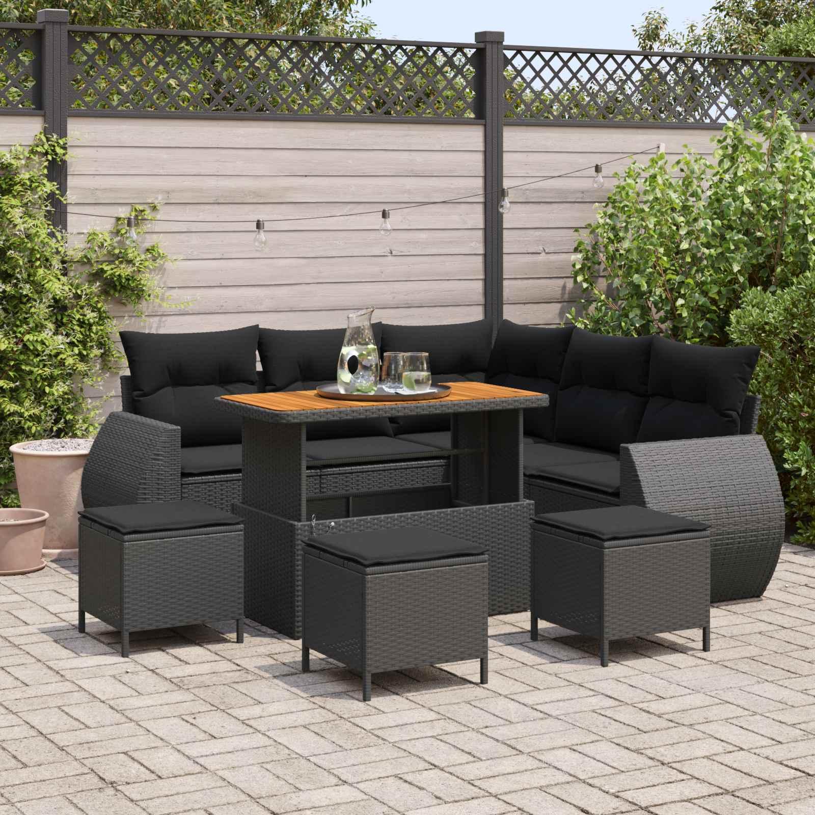 Havesofa Sæt med pude med opbevaring 9 stk Sort polyrattan billede