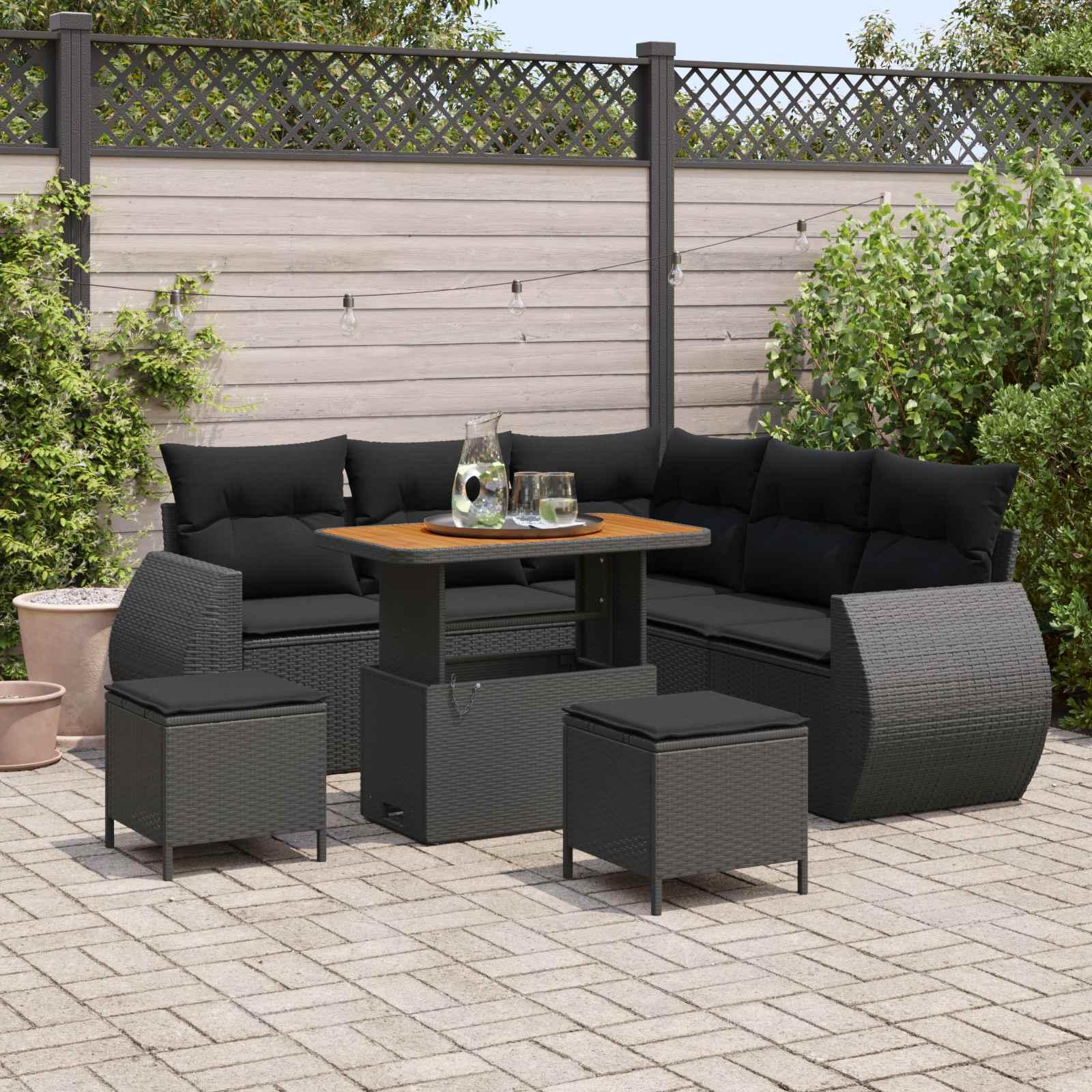Havesofa Sæt med pude med opbevaring 8 stk Sort polyrattan billede