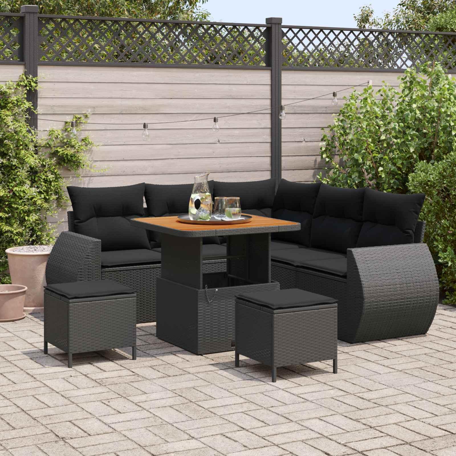 Havesofa Sæt med pude med opbevaring 8 stk Sort polyrattan billede