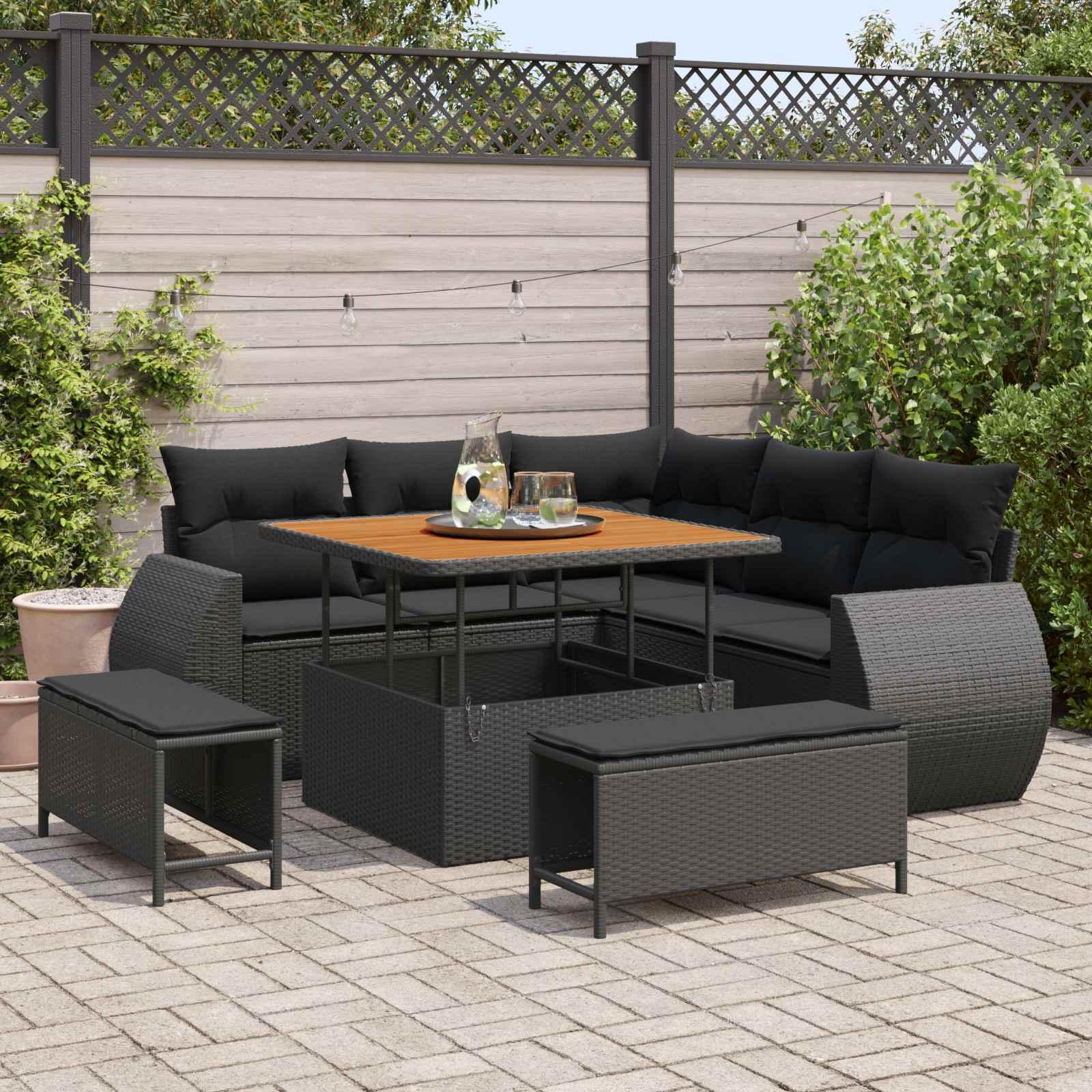 Havesofa Sæt med pude med opbevaring 8 stk Sort polyrattan billede