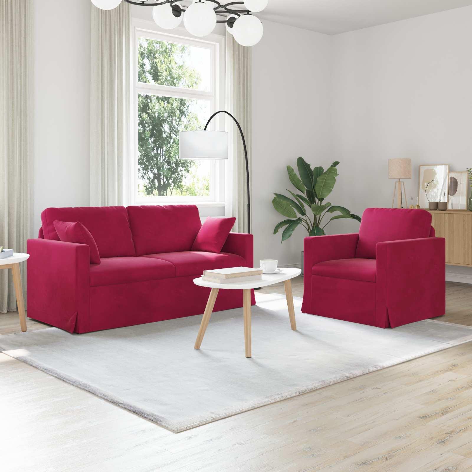 Sofa sæt i fløjl - 2 dele, vinrød, 158 × 78 × 80 cm billede
