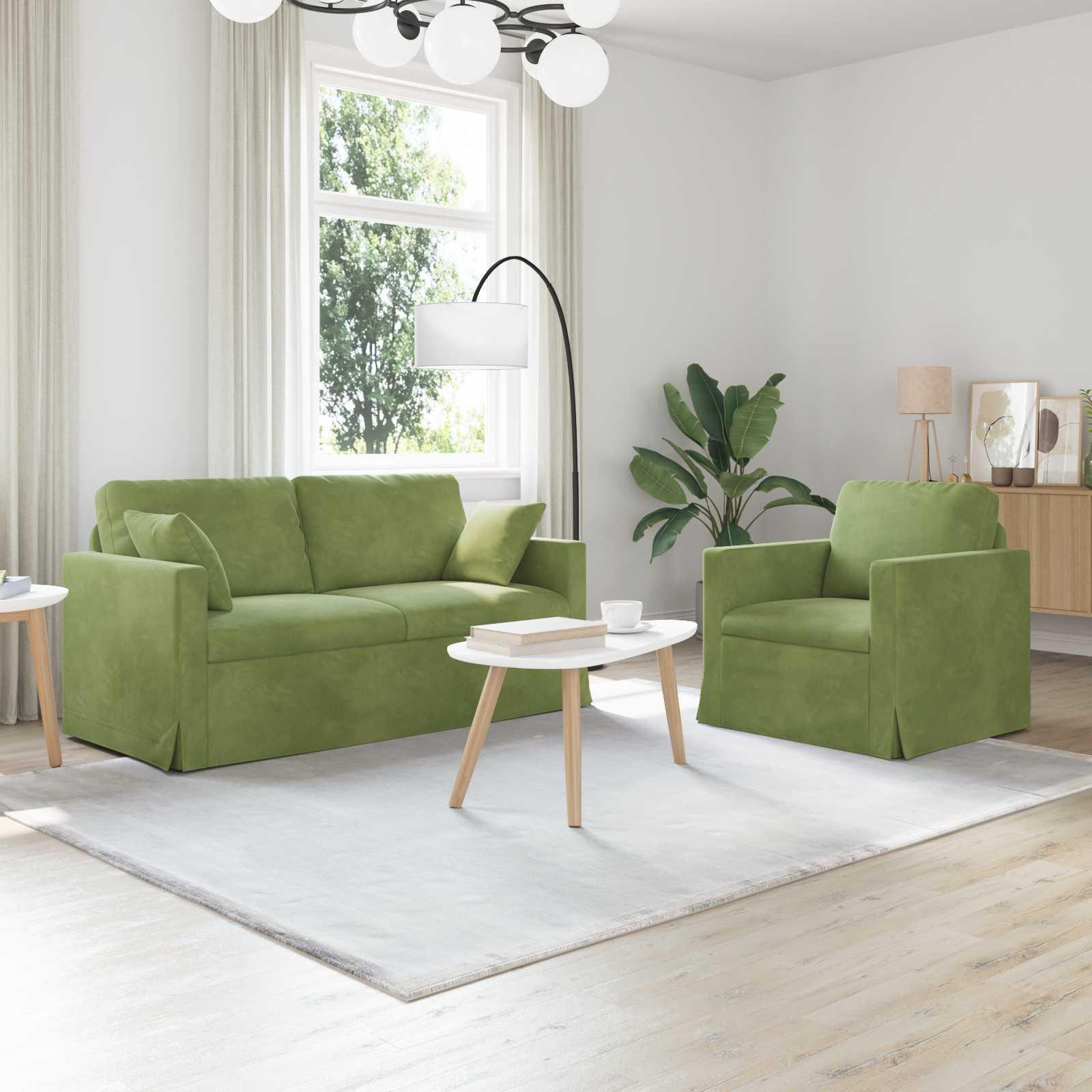Sofa sæt i fløjl - 2 dele, lys grøn, 158 × 78 × 80 cm billede