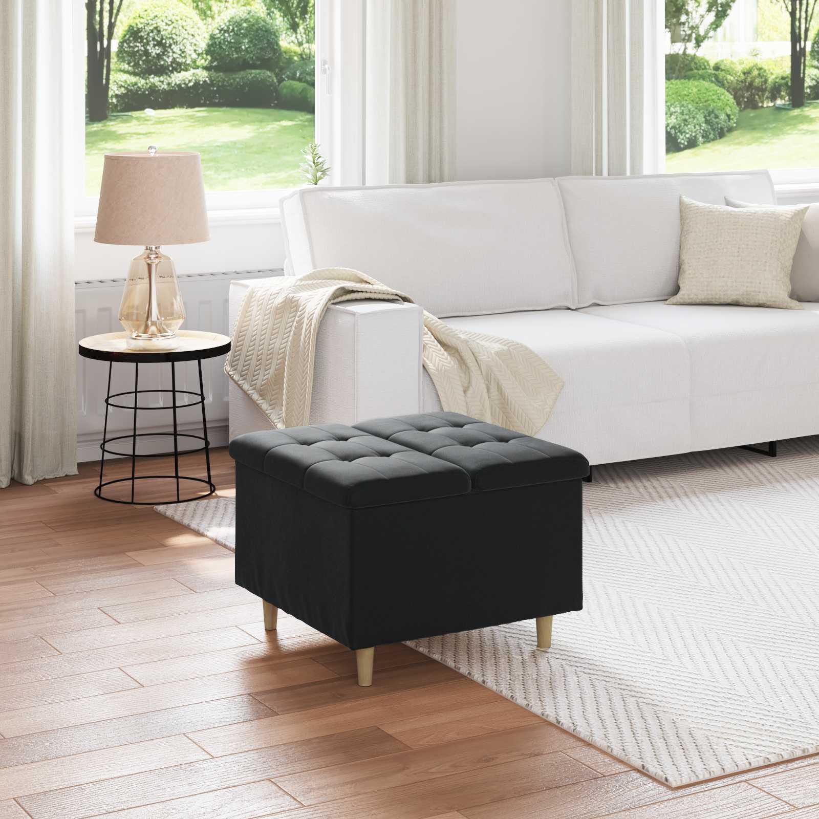 Opbevaringstomane med pude Sort 60 x 60 x 45 cm Fløjl billede