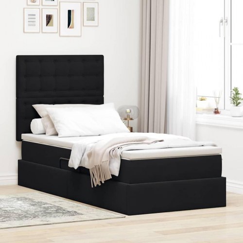 Seng med opbevaring og madras - sort fløjl 100 x 200 cm med LED