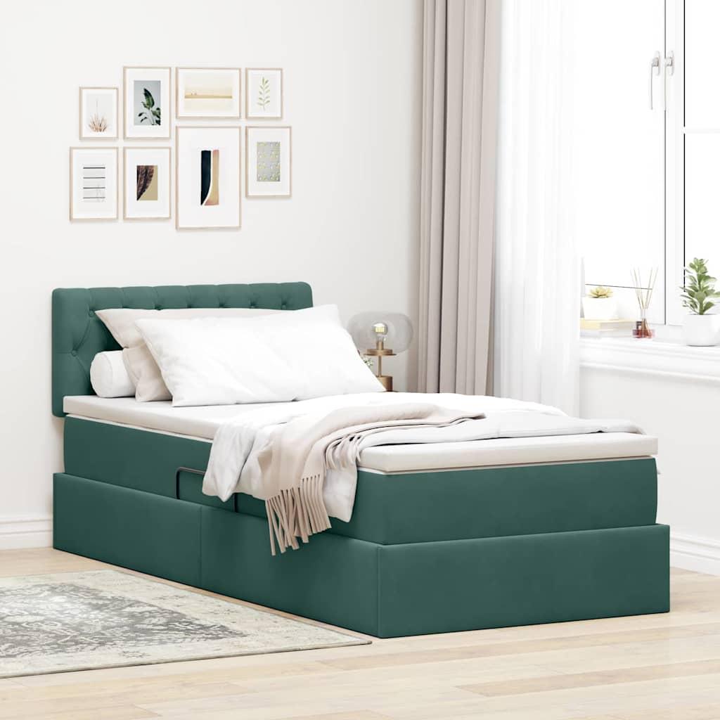 Opbevaringsseng med madras Mørkegrøn 90 x 190 cm Fløjl billede