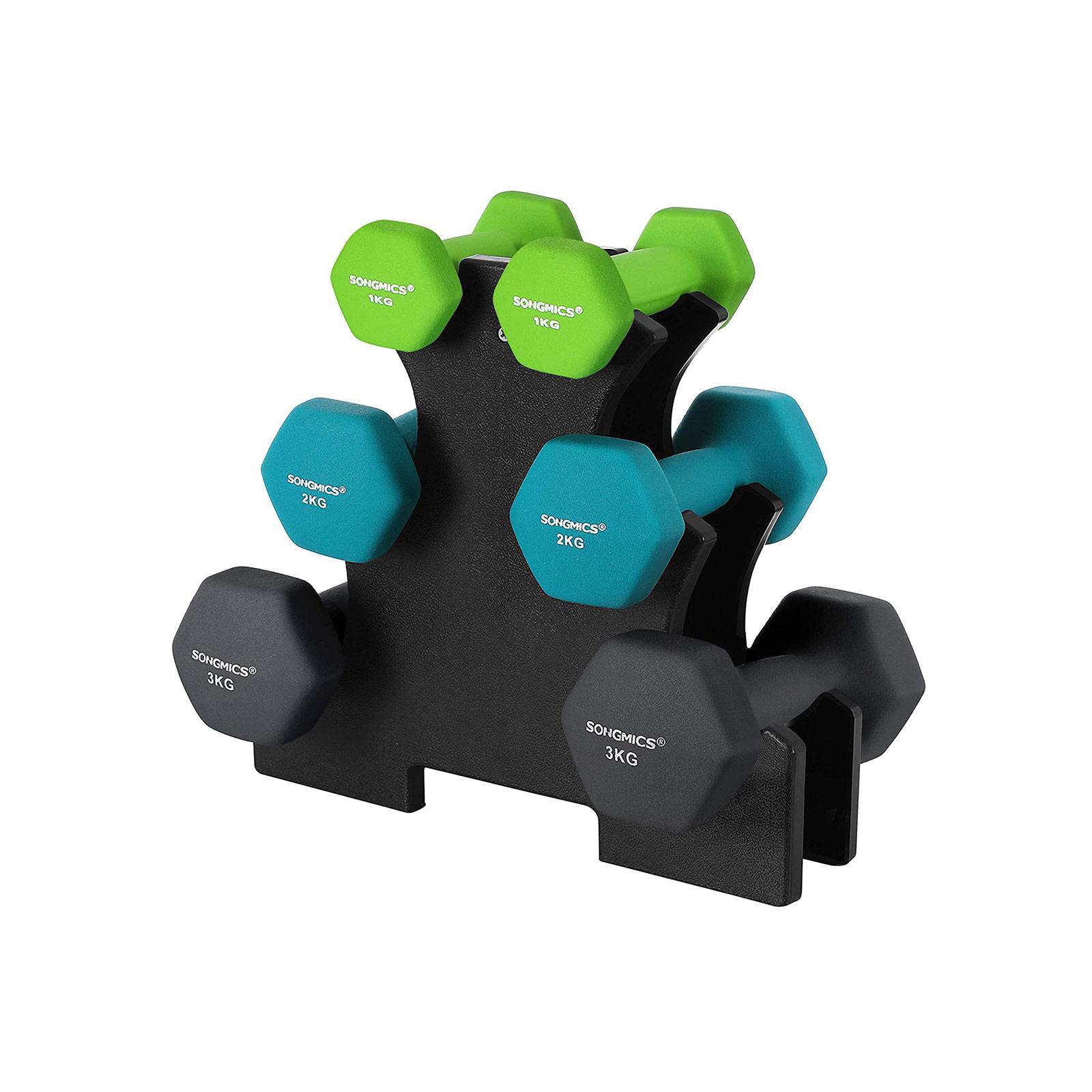 Håndvægtsæt med stativ – 2 x 1 kg, 2 x 2 kg, 2 x 3 kg, neopren – lime, teal og mørkegrå