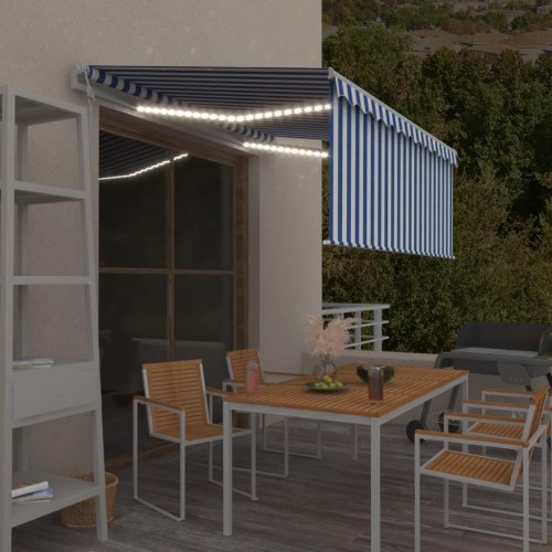 Markise med rullegardin, LED og vindsensor 3,5 × 2,5 m - blå/hvid, automatisk