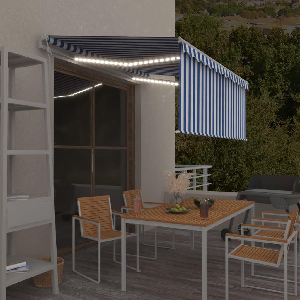 Markise m. gardin+LED+vindsensor 3x2,5 m automatisk blå og hvid billede