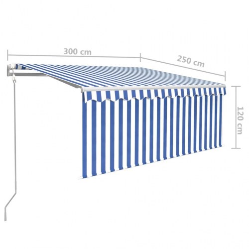 Automatisk markise med rullegardin, LED og vindsensor 3 × 2,5 m - blå/hvid