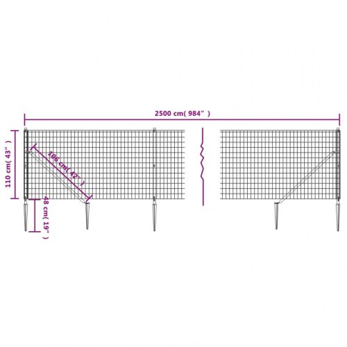 Trådhegn med jordspyd 1,1 × 25 m - antracitgrå, galvaniseret stål med PVC