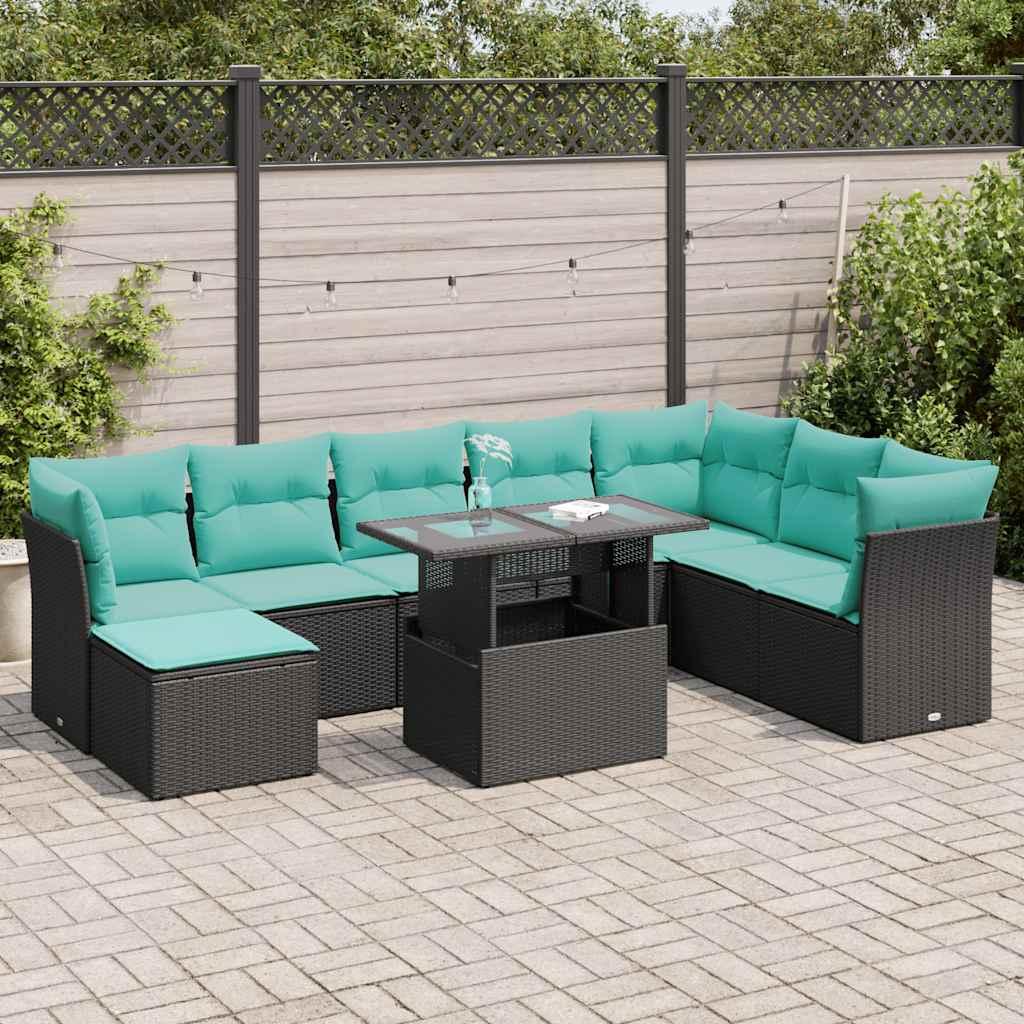 Sofasæt til haven 9 dele i polyrattan med hynder og bord - sort/blå billede