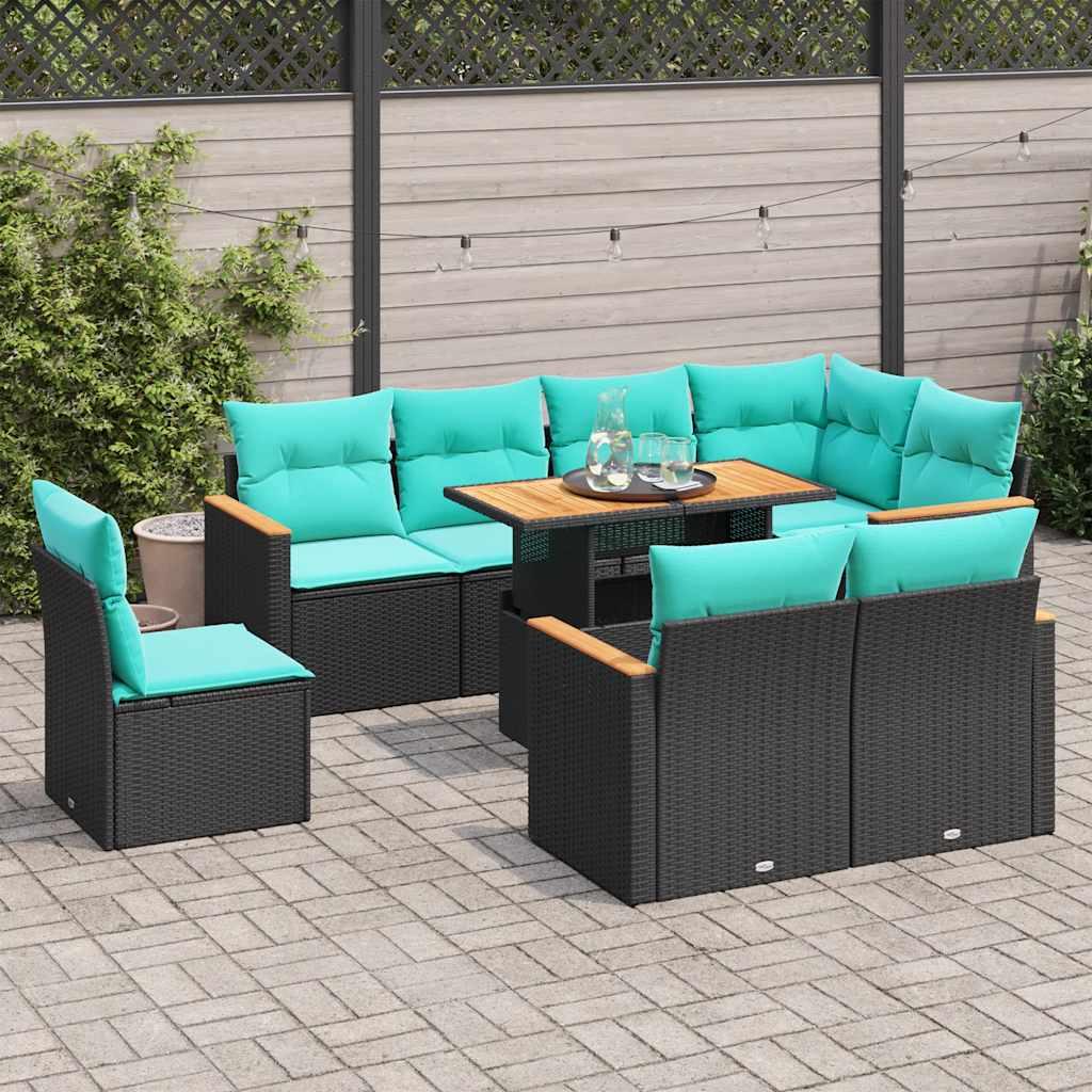 Sofasæt til haven i polyrattan - 9 dele med blå hynder, sort