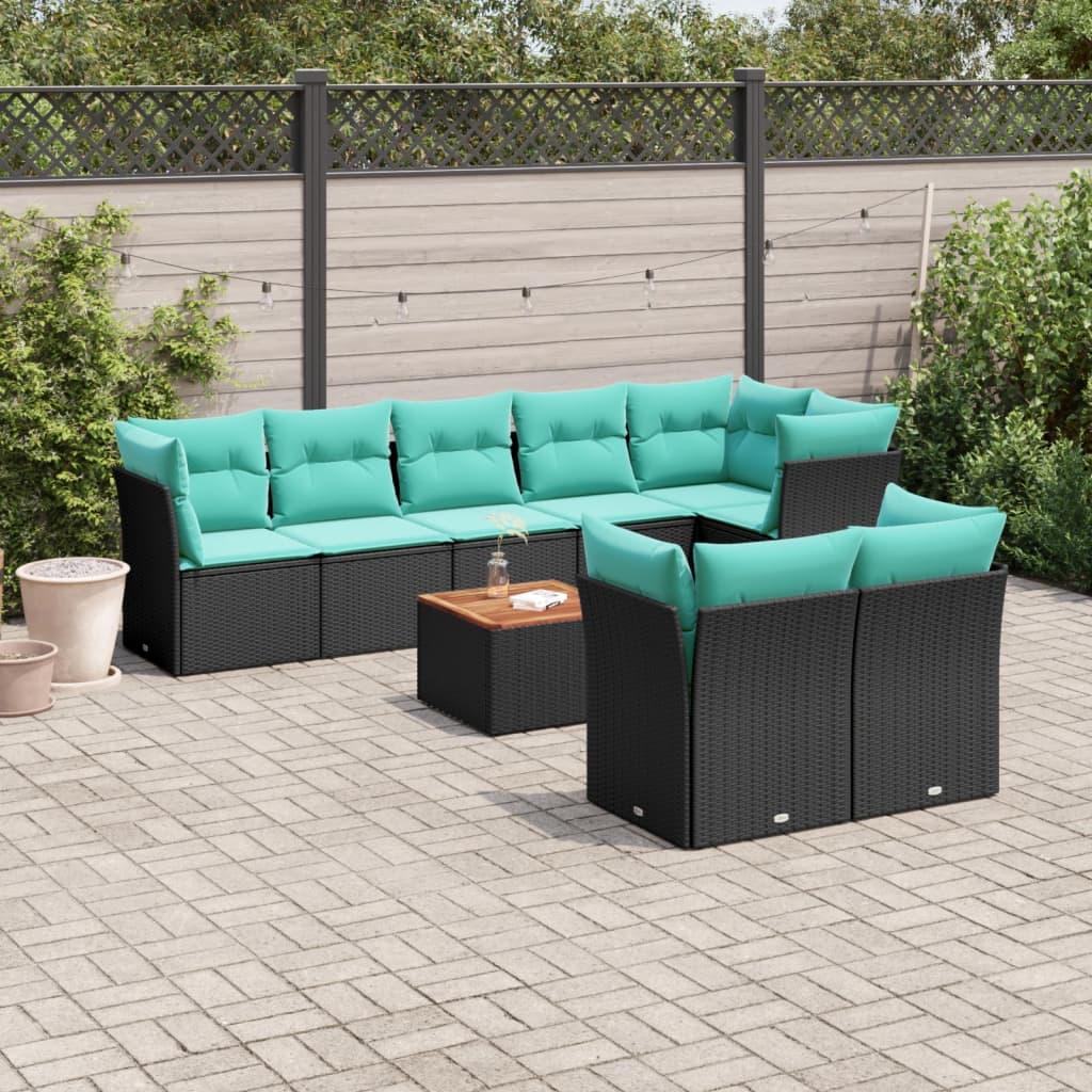 Havesofasæt i polyrattan - 9 dele med hynder, sort