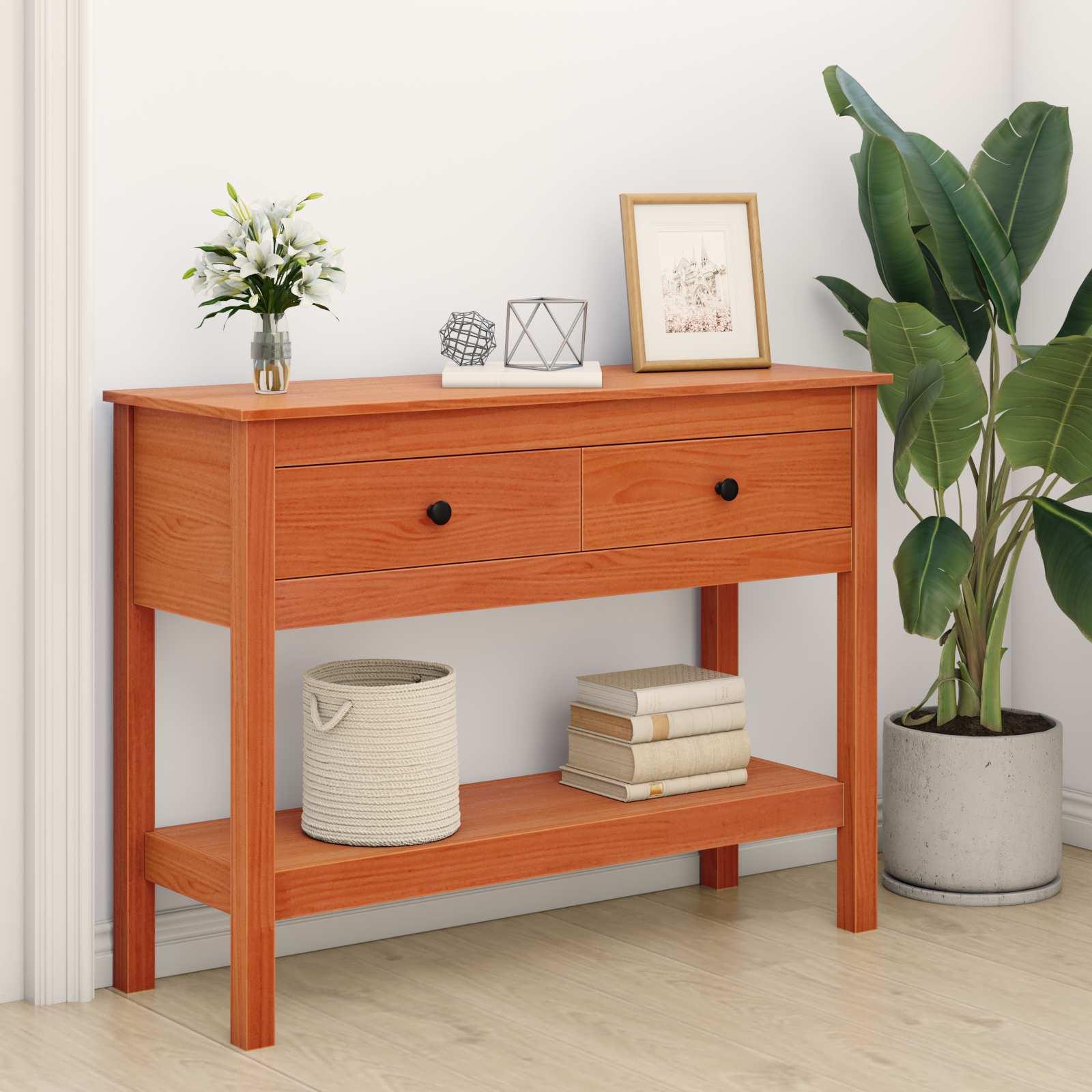 Konsolbord med skuffe Voks brun 100 x 35 x 75 cm Solid Fyrretræ billede