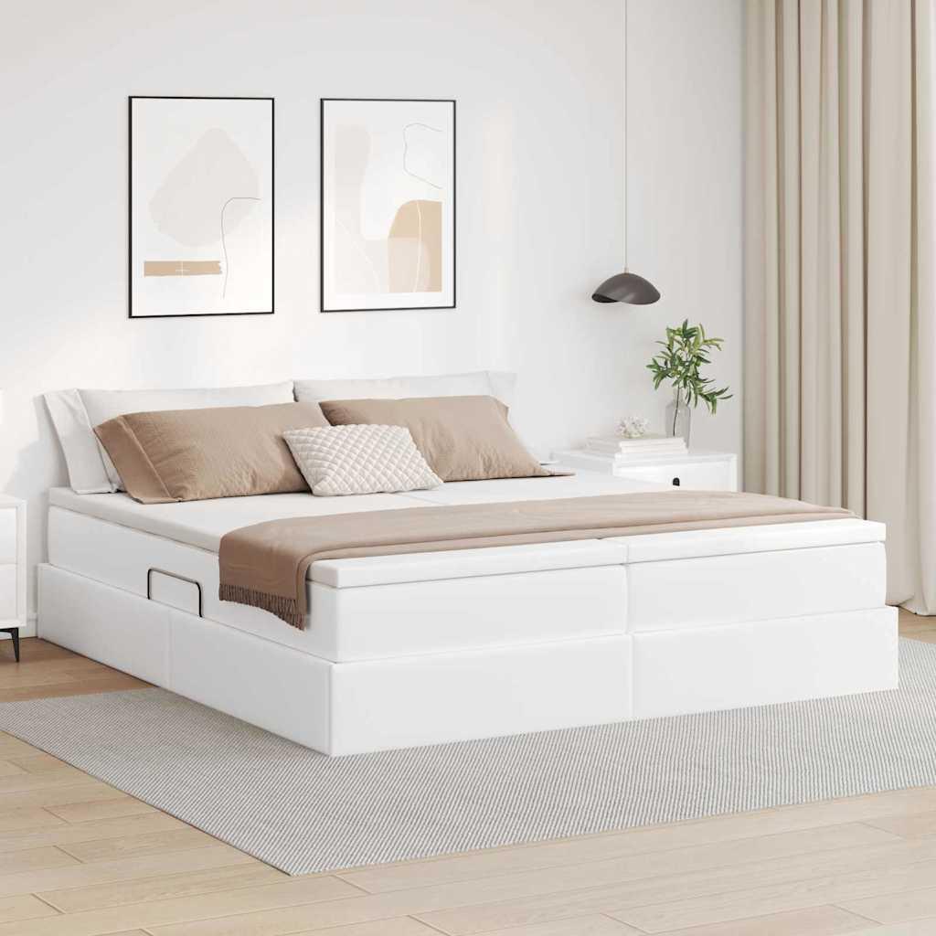 Seng med opbevaring og madras Hvid 200 x 200 cm Faux læder billede