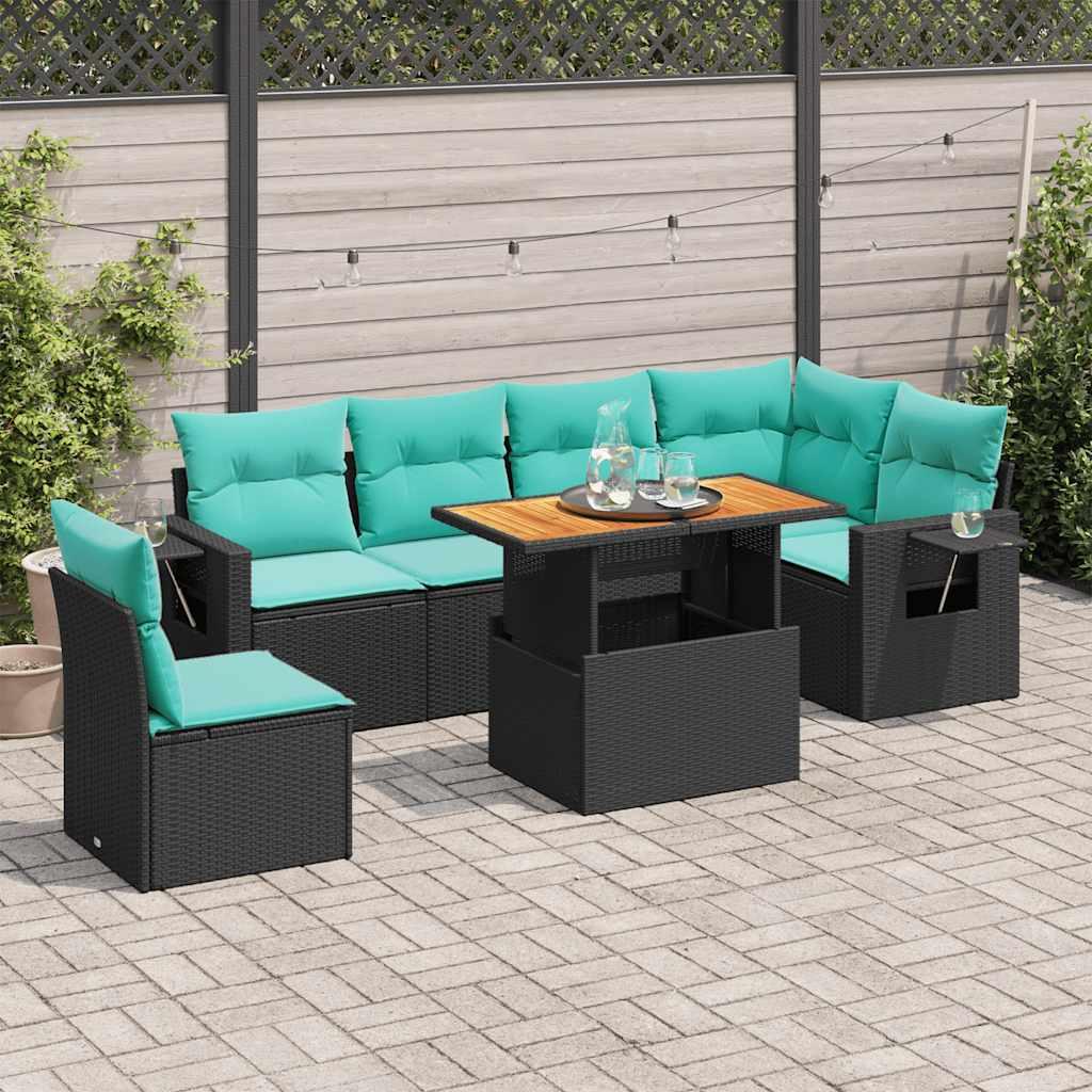Havesofasæt i polyrattan - 7 dele med hynder, sort billede