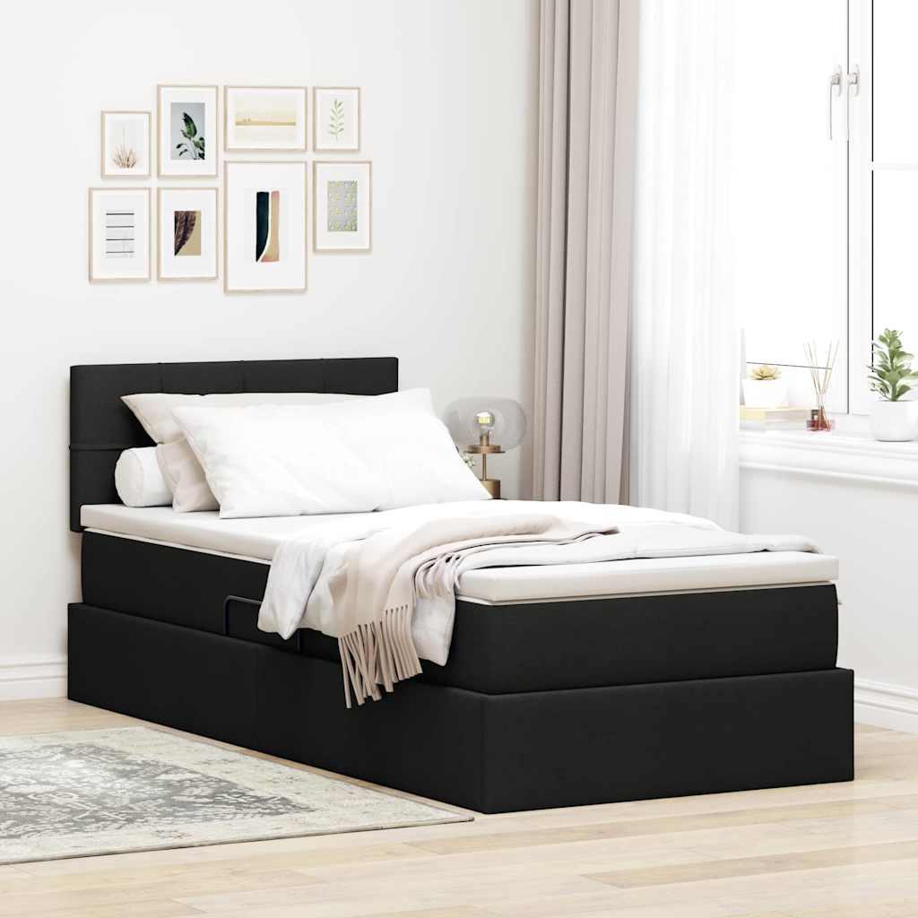 Seng med opbevaring og LED med madras Sort 90 x 190 cm Stof billede