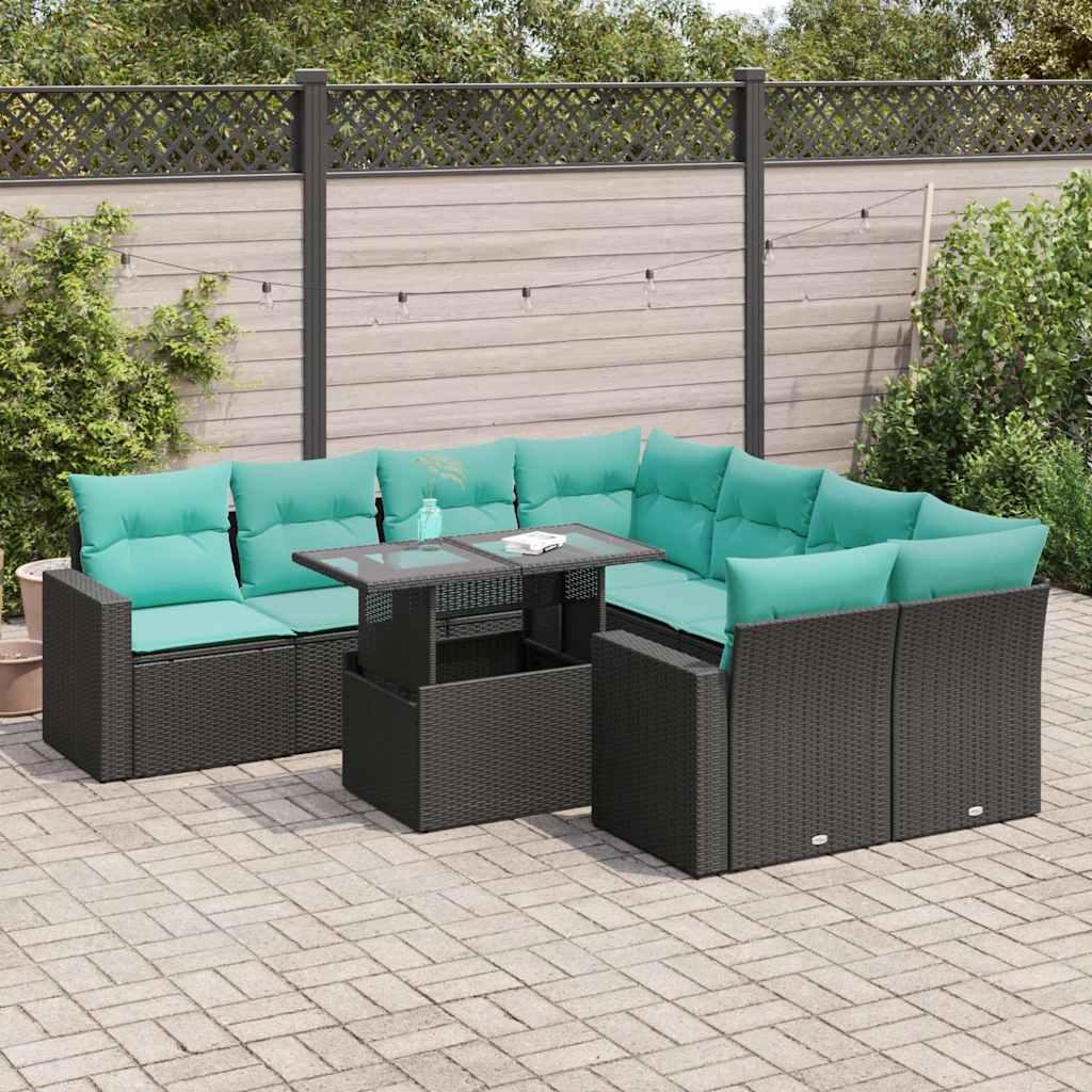 Sofasæt til haven i polyrattan med bord - 9 dele, sort med blå hynder billede