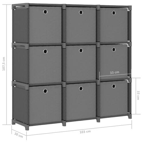 Reol med 9 rum og kasser 103x30x107,5 cm stof grå