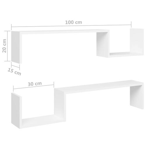 Væghængte hylder 2 stk. 100x15x20 konstrueret træ hvid