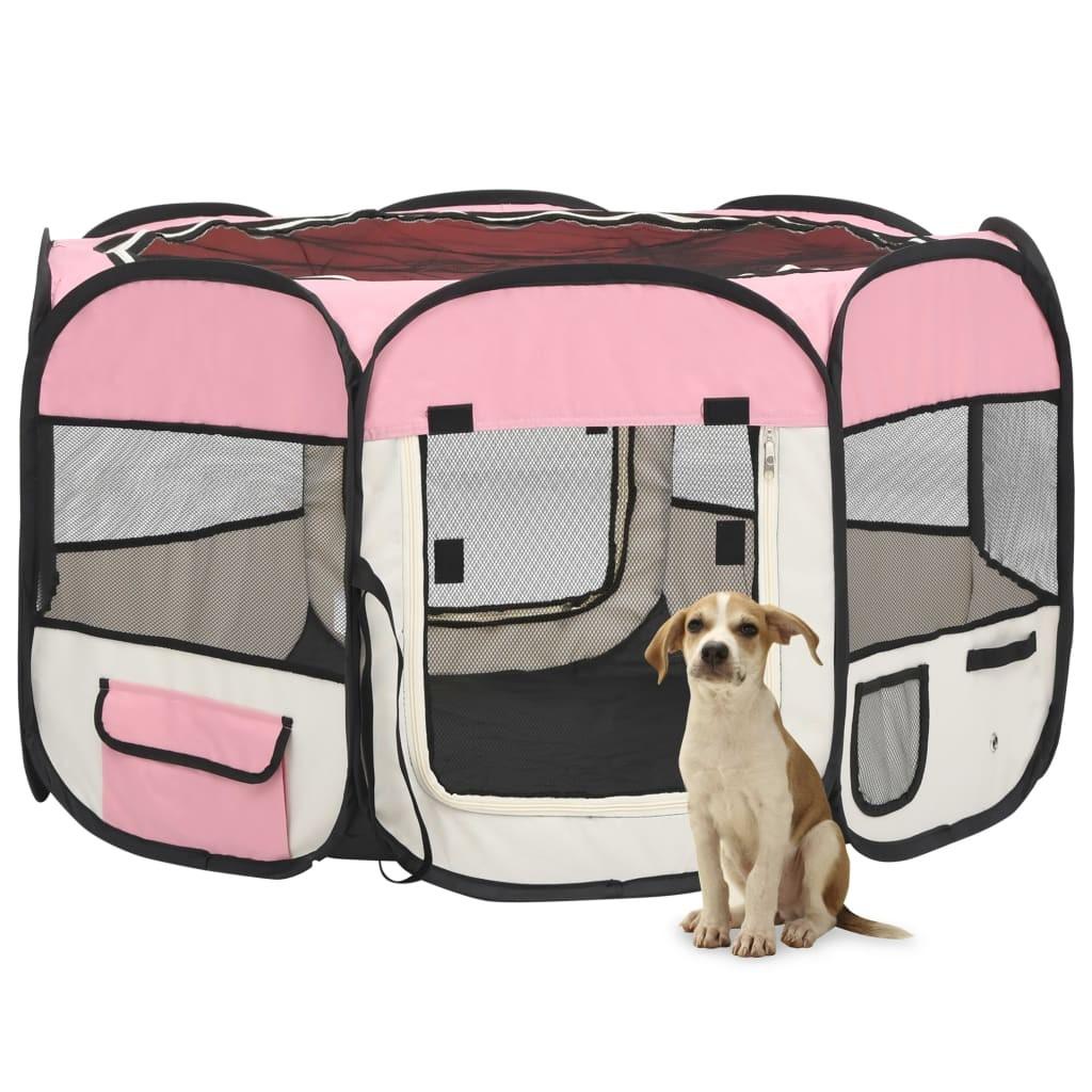 Foldbar hundegård med bæretaske 110x110x58 cm lyserød