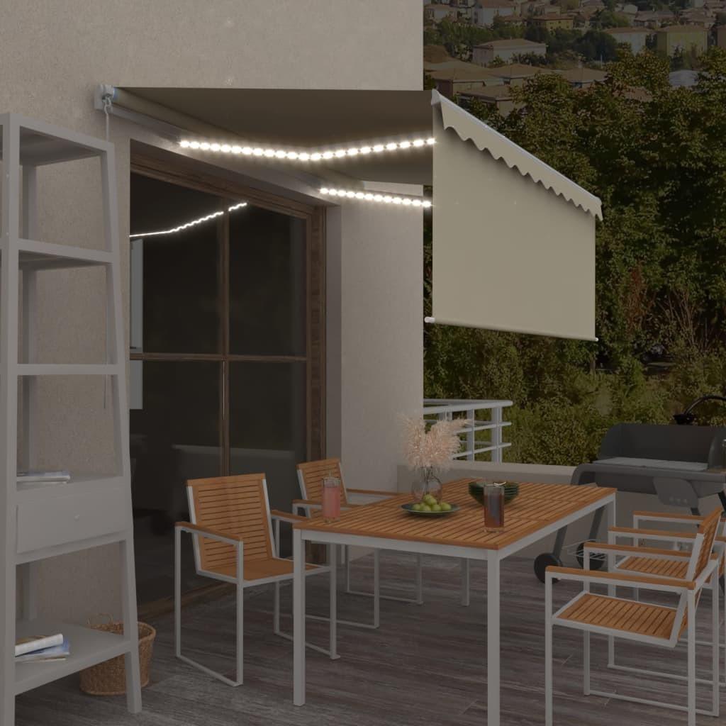 Markise m. gardin + LED 3x2,5 m manuel betjening cremefarvet