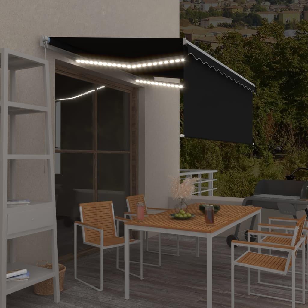 Markise m. gardin + LED 3x2,5 m manuel betjening antracitgrå