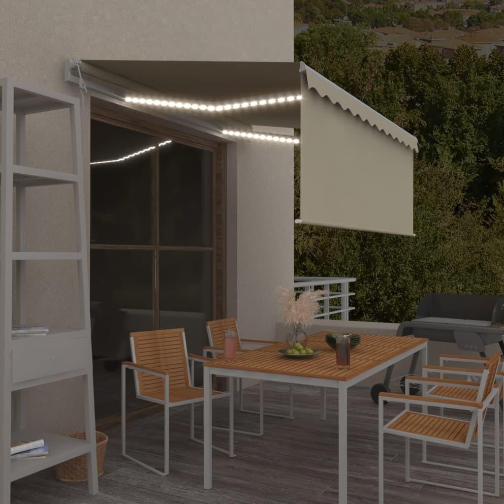 Markise m. gardin+LED+vindsensor 3,5x2,5 m auto cremefarvet