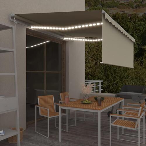 Markise m. gardin+LED+vindsensor 4,5x3 m automatisk cremefarvet