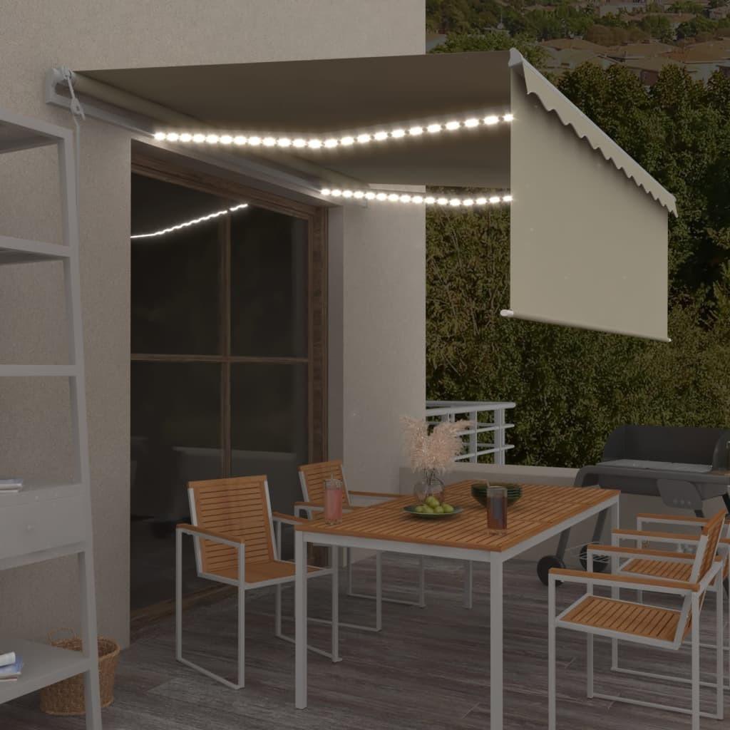 Markise m. gardin+LED+vindsensor 4,5x3 m automatisk cremefarvet