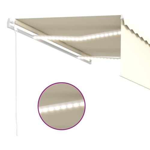 Markise m. gardin+LED+vindsensor 4,5x3 m automatisk cremefarvet