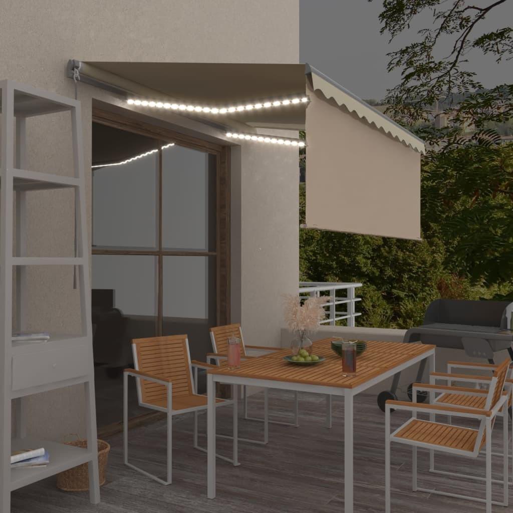 Markise m. gardin + LED 3x2,5 m manuel betjening cremefarvet