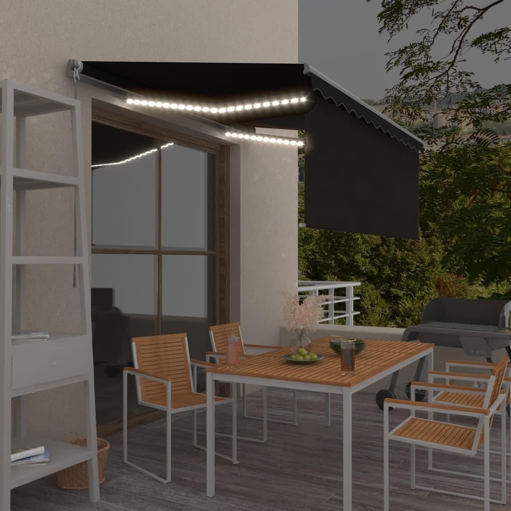 Markise m. gardin + LED 3x2,5 m manuel betjening antracitgrå