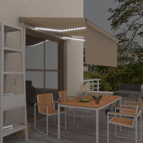 Markise m. gardin+LED+vindsensor 3x2,5 m automatisk cremefarvet