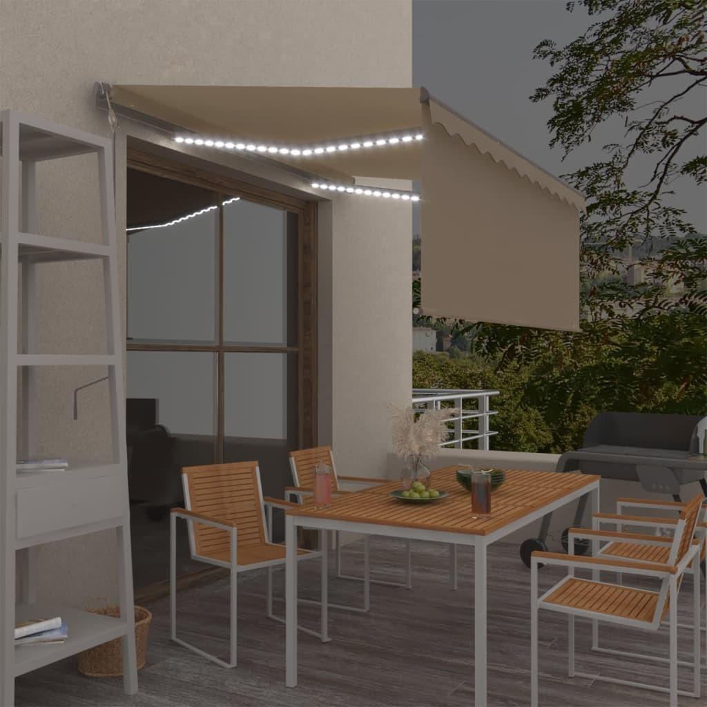 Markise m. gardin+LED+vindsensor 3x2,5 m automatisk cremefarvet