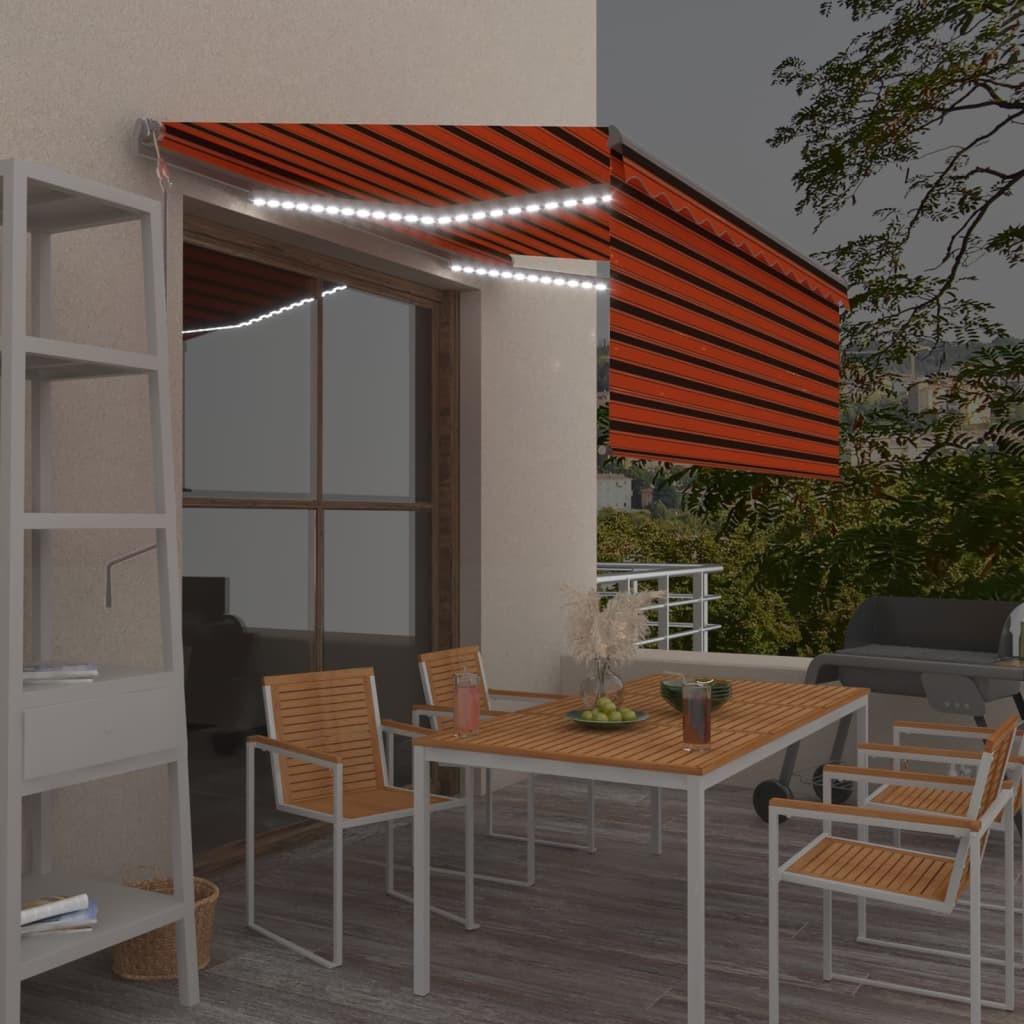 Markise m. gardin+LED+vindsensor 3x2,5 m automatisk orange/brun