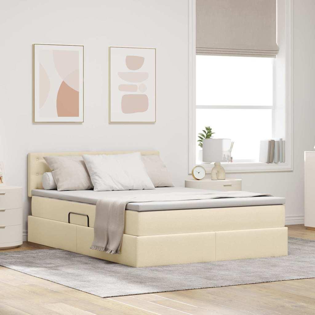 Seng med opbevaring og LED med madras Creme 140 x 190 cm Stof billede