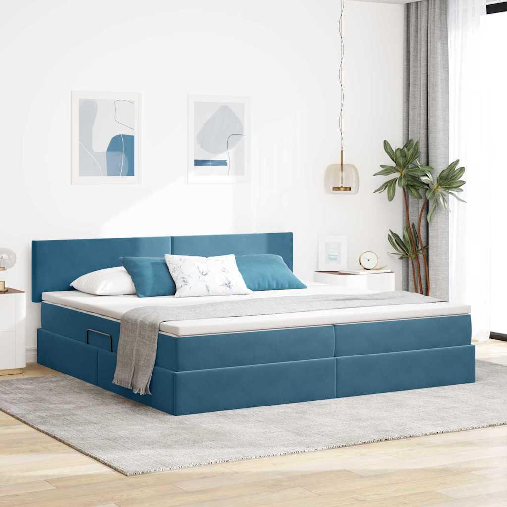 Opbevaringsseng med madras Mørk blå 200 x 200 cm Fløjl billede