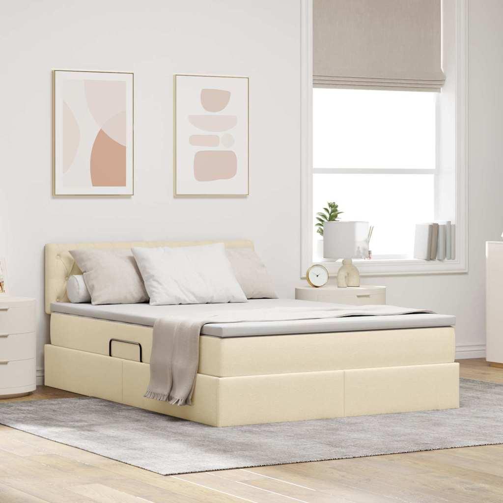 Seng med opbevaring og LED med madras Creme 140 x 190 cm Stof billede