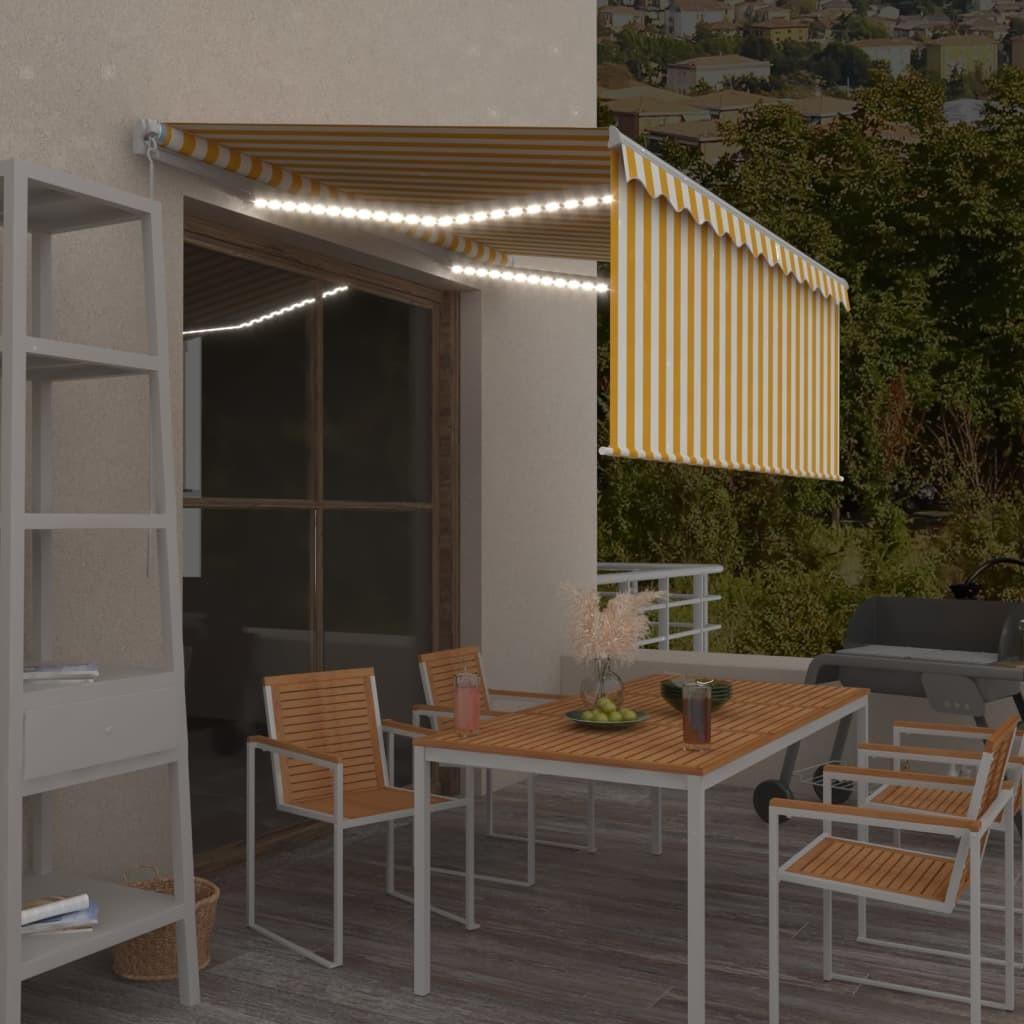 Markise m. gardin + LED 3x2,5 m manuel betjening gul og hvid