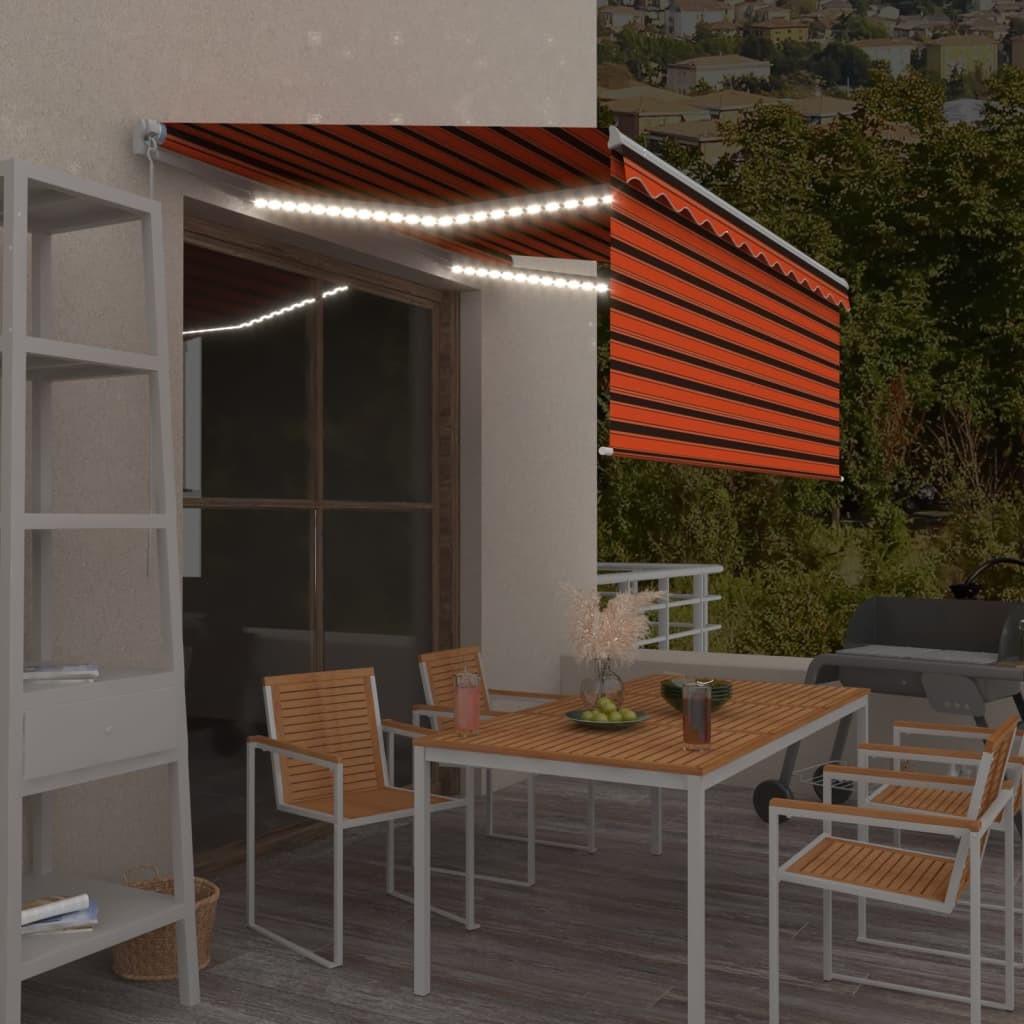 Markise m. gardin + LED 3x2,5 m manuel betjening orange og brun
