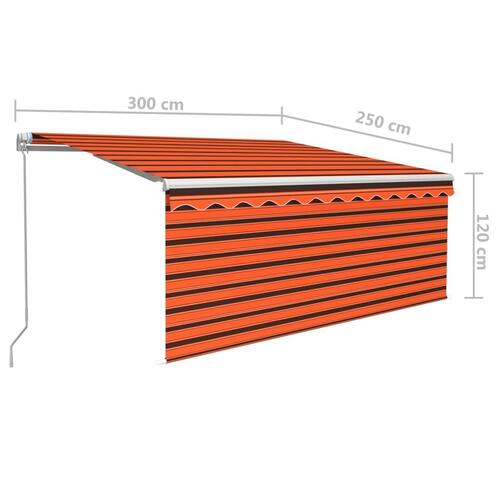 Markise m. gardin + LED 3x2,5 m manuel betjening orange og brun