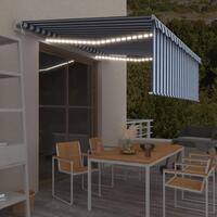 Markise m. gardin+LED+vindsensor 4x3 m automatisk blå og hvid
