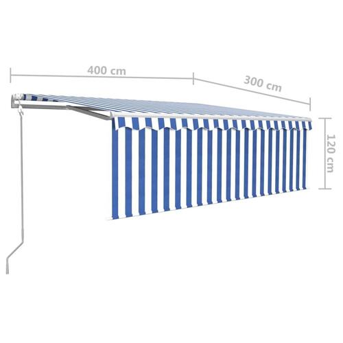 Markise m. gardin+LED+vindsensor 4x3 m automatisk blå og hvid