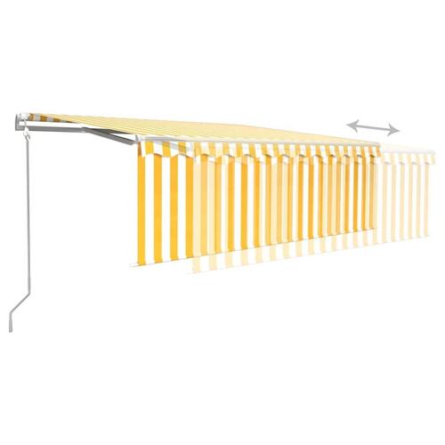 Markise m. gardin+LED+vindsensor 4x3 m automatisk gul og hvid